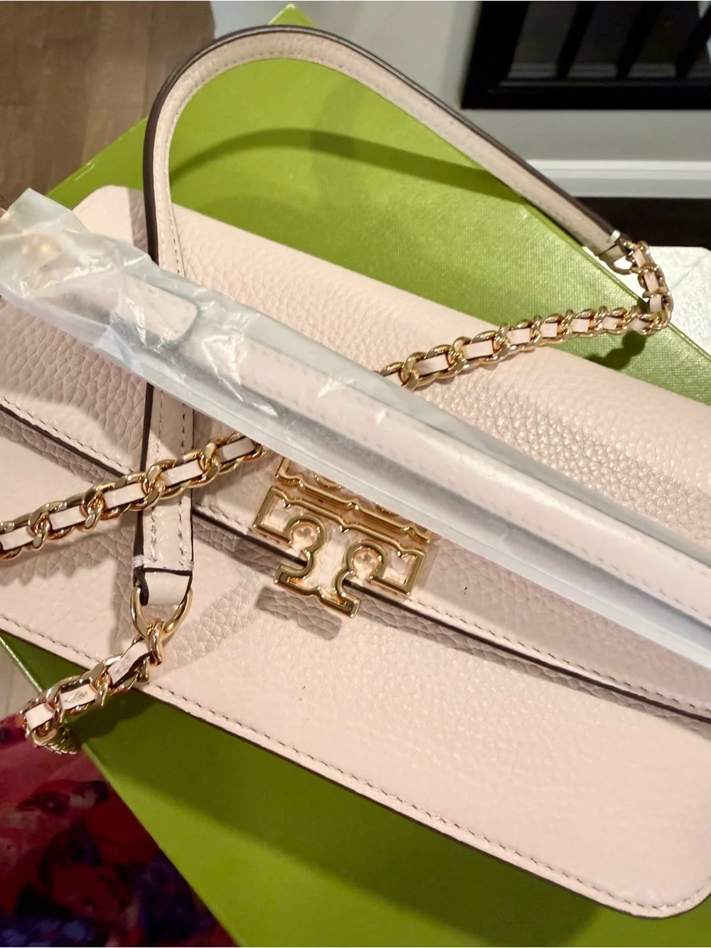 Tory Burch Blush Pebbled Leather Chain-Shoulder Crossbody with Gold Logo